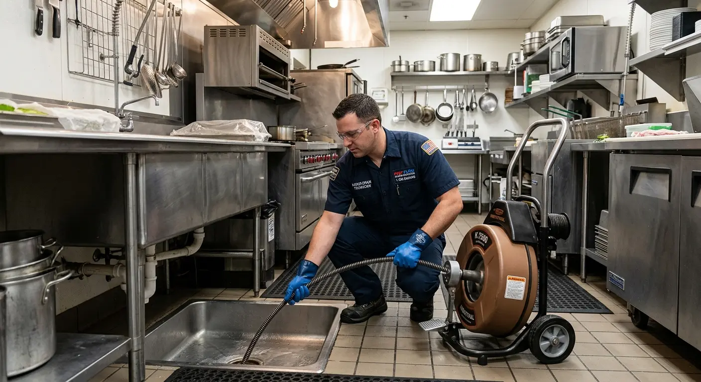 Commercial drain cleaning service in a restaurant kitchen in De Pere