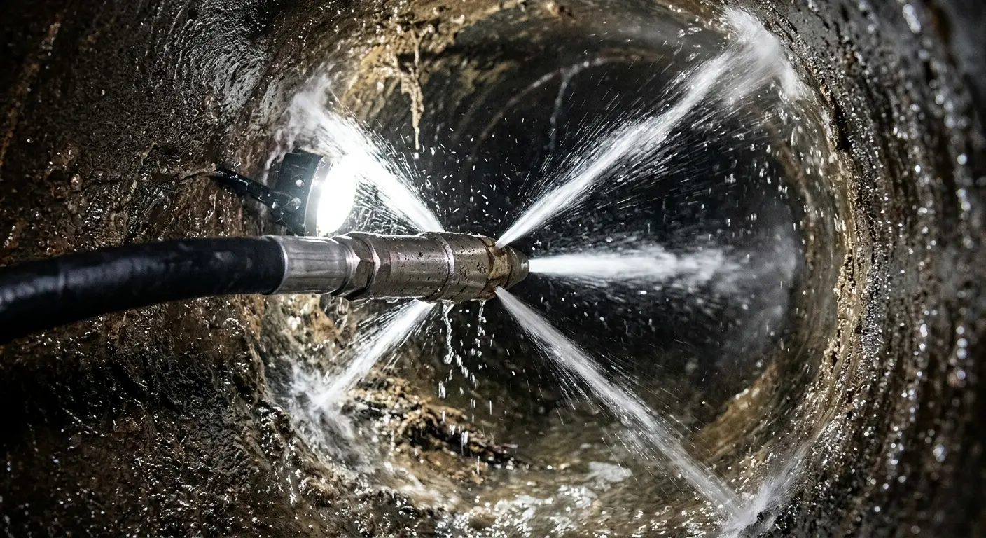 High-pressure hydro jetting nozzle cleaning sewer pipe for Sewer Cleanout in De Pere