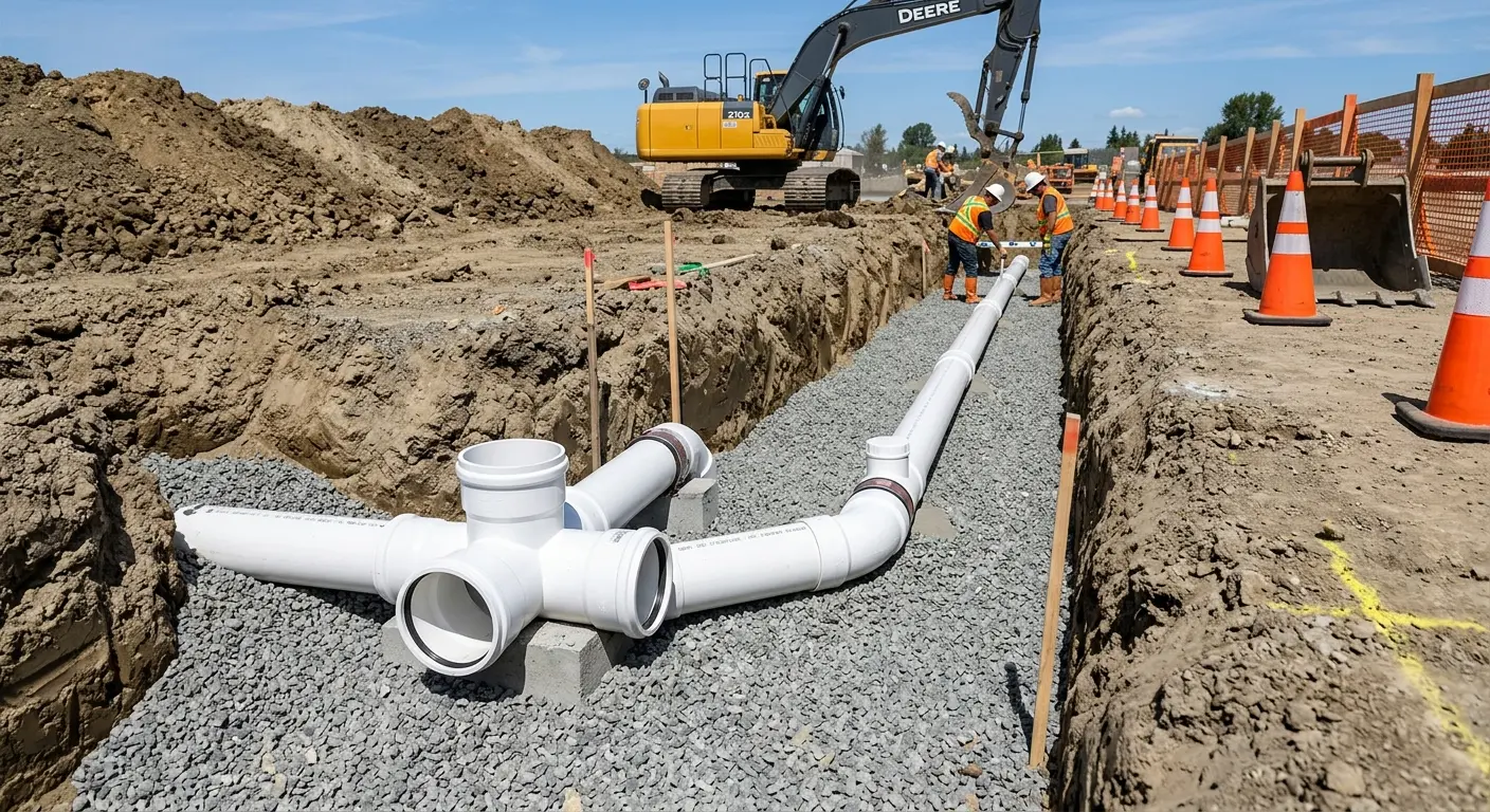 New PVC sewer pipe installation in open trench for Sewer Backup in De Pere