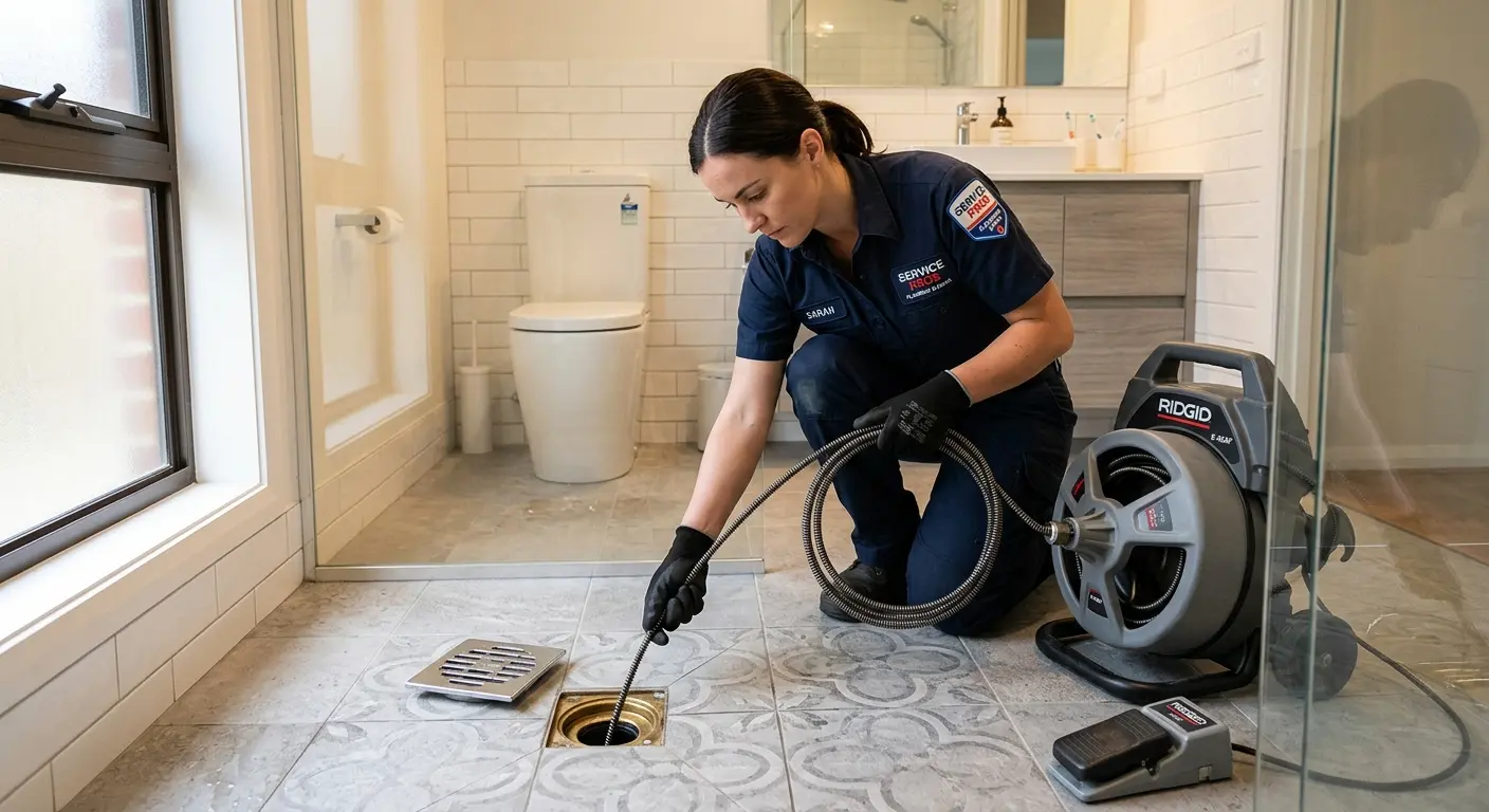 Technician clearing a bathroom floor drain for Sewer Line Replacement in De Pere